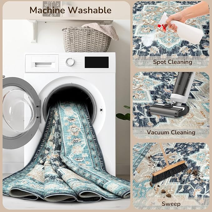 BESTSWEETIE 2x6 Area Rugs for Living Room, Washable Ultra Soft Boho Vintage Print Pattern Rug Non Slip Low Pile Carpet for Dining Room Bedroom Entryway Indoor-Navy/Light Blue/Natural