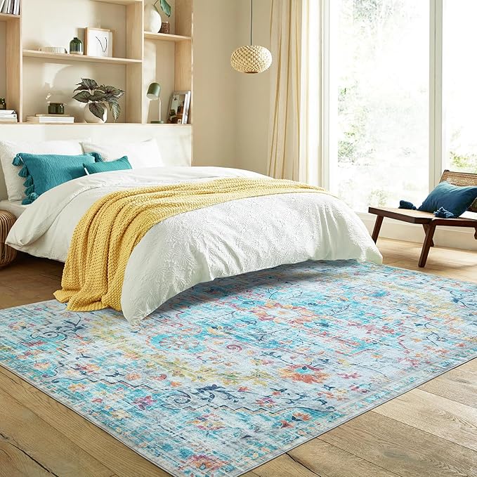 8x10 Area Rugs - Bohemian Area Rug for Bedroom | Non slip and Ultra Soft Machine Washable Rug for Indoor & Outdoor Use | Boho Rug for Living Room, Dining Room and Home Décor - Blue and Multi