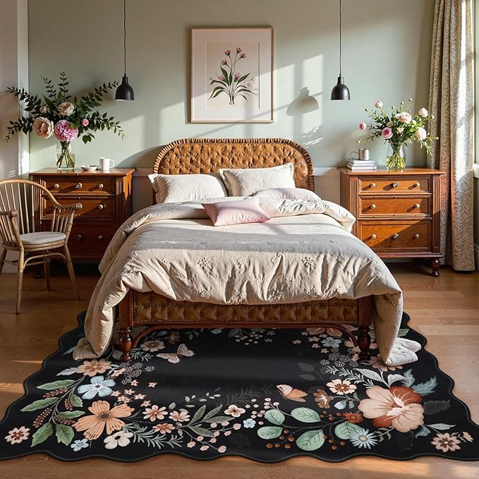 Beeiva 5x7 Rugs for Living Room, Floral Washable Area Rug for Bedroom Under Bed, Thin Low Pile Foldable Large Carpet for Office, Playroom, Dining Room - Black
