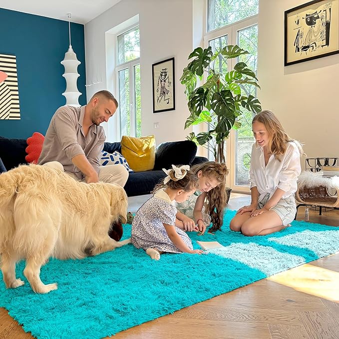 OLANLY 2x4 Machine Washable Runner Rugs for Hallway, Soft Fluffy Shaggy Bedside Rugs for Bedroom, Living Room, Indoor Floor Carpet for Kids Girls Boys, Nursery Rooms, Home Decor Aesthetic, Teal Blue
