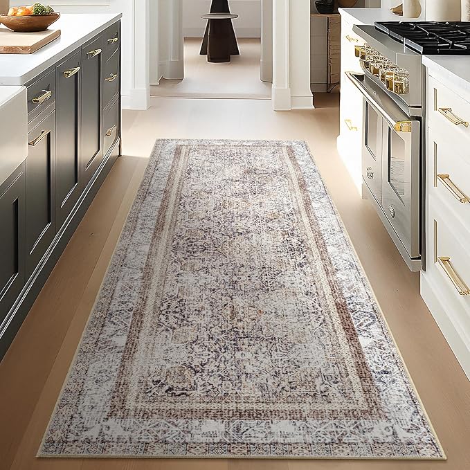 Phantoscope Hallway Runner Rug 2'x8' - Boho Washable Non-Slip Kitchen Rug Runner, Ultra-Thin Vintage Distressed Accent Throw Rug for Entryway Laundry Bathroom Bedroom, Light Brown