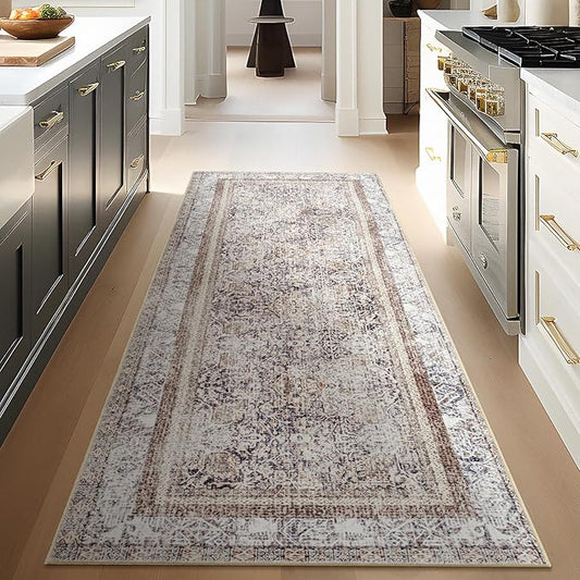 Phantoscope Hallway Runner Rug 2'x8' - Boho Washable Non-Slip Kitchen Rug Runner, Ultra-Thin Vintage Distressed Accent Throw Rug for Entryway Laundry Bathroom Bedroom, Light Brown