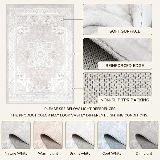 BESTSWEETIE 9x12 Area Rugs for Living Room, Washable Ultra Soft Boho Vintage Print Pattern Rug Non Slip Low Pile Carpet for Dining Room Bedroom Entryway Indoor-Light Grey