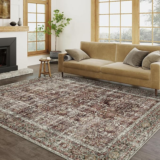 Vintage Area Rug 8x10 Rust Red Washable Living Room Large Carpet Non Slip Bedroom Indoor Office Low Pile Traditional Distressed Retro Accent Rug for Dining Room