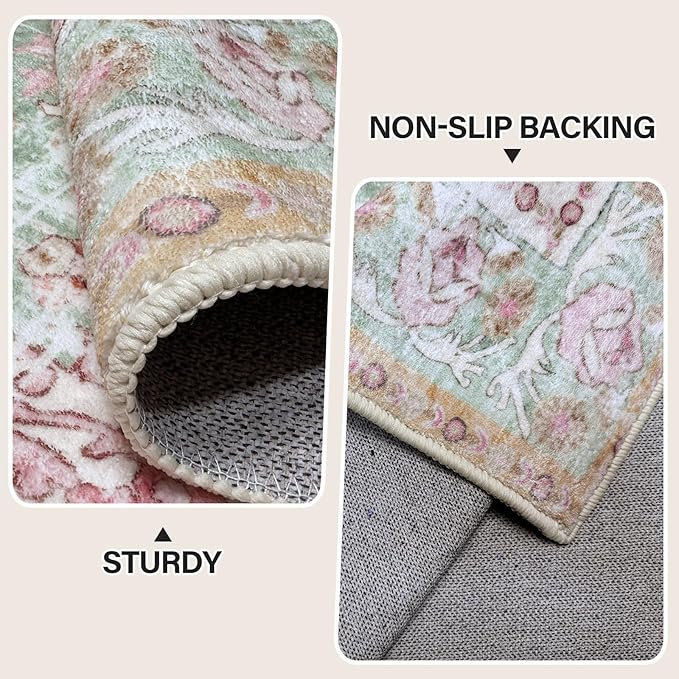 Vhong Washable Area Rugs Boho Vintage Modern Neutral Small Carpet Green and Pink High Traffic Rugs 2×6 for for Kitchen Hallway Living Room Non Slip