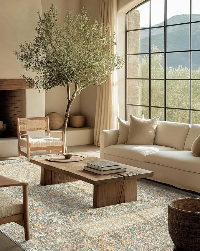 10X12 Area Rugs Machine Washable Rugs for Living Room, Vintage Boho Large Rugs for Bedroom Dining Room, Non Slip Indoor Soft Distressed Lightweight Thin Low Pile Carpet, Turmeric