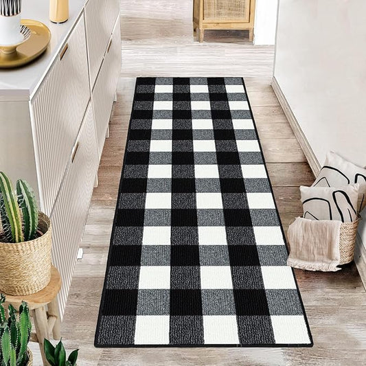 FONEYI Buffalo Plaid Outdoor Rug, 2'x6' Checkered Front Door Mat, Non Slip Absorbent Entryway Rug Doormat Indoor, Washable Outdoor Rugs for Layered Door Mats Front Porch/Farmhouse Grey and White