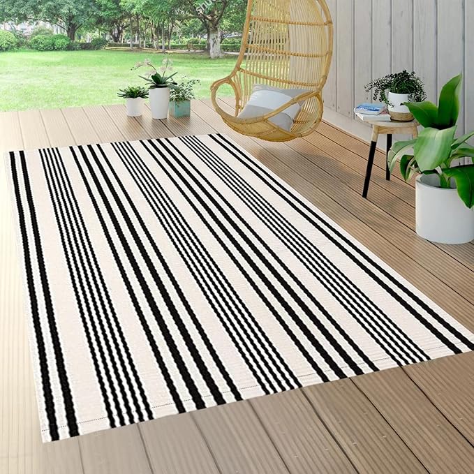 BUAGETUP Black and White Striped Outdoor Patio Rug 4' x 6',Hand Woven Cotton Patio Rug Front Porch Rug Indoor Outdoor Area Rug for Bedroom/Living/Room/Patio