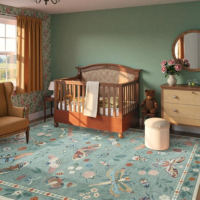 Beeiva Insect Print Rug 8x10, Non Slip Washable Living Room Area Rugs, Soft Low Pile Ultra Thin Dining Room Rug Stain Resistant Large Carpet for Office, Bedroom, Kids Room, Playroom - Light Green
