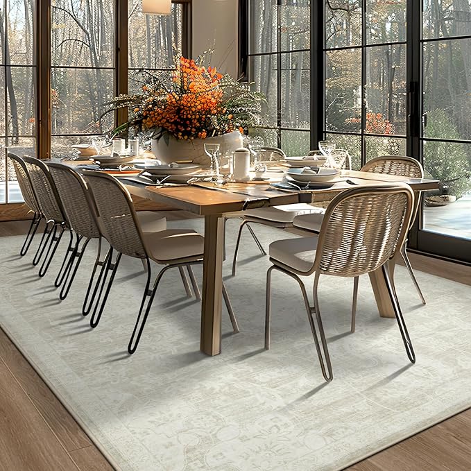 5x7 Area Rug Washable Rug, Soft Vintage Living Room Rug with Anti-Skid Backing Stain Resistant Thin Indoor Carpet Large Area Rug for Bedroom Under Dining Room Table Nursery Entryway-Beige