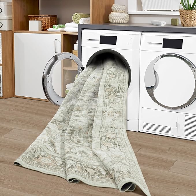 Washable Rugs 8x10 Area Rugs, Soft Vintage Living Room Rug with Anti-Skid Backing Stain Resistant Thin Indoor Carpet Large Area Rug for Bedroom Under Dining Room Table Nursery Entryway-Brown/Green