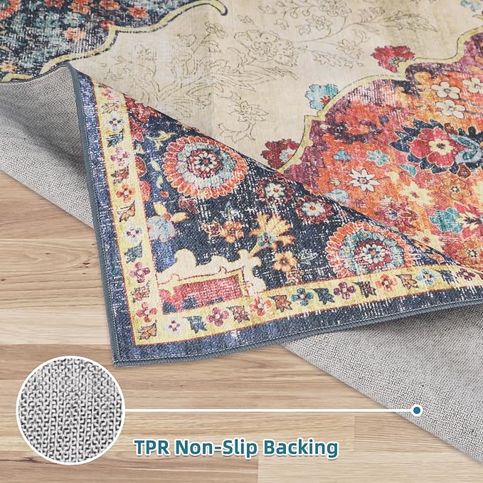 Dripex 2x3 Area Rugs, Machine Washable Non Slip Boho Rugs,Distressed Small Entryway Rug Doormat, No Pile Lightweight Vintage Rug, Floor Carpet for Indoor Front Entrance Kitchen Bathroom,Red and Beige