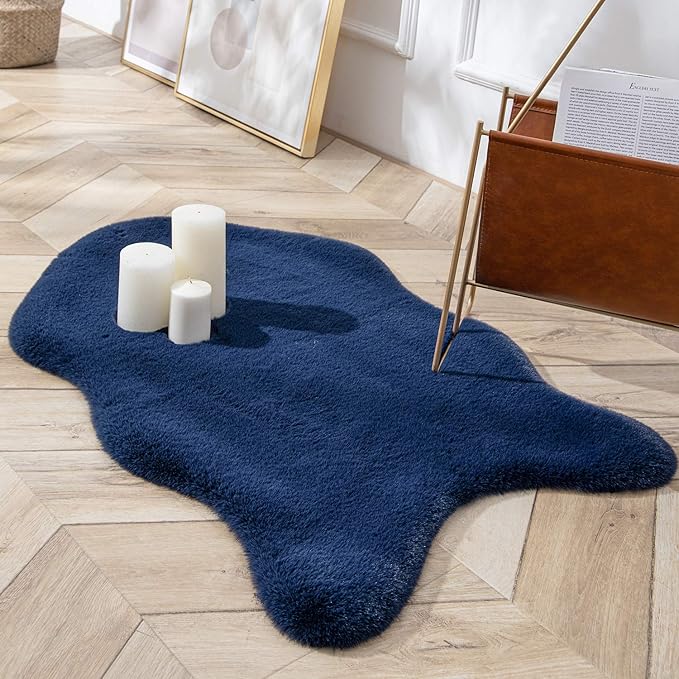 Ashler Faux Fur Rug, Ultra Soft Faux Rabbit Fur, Dark Blue Area Rugs, 2 x 3 Feet, Machine Washable Nursery Decor Throw Rugs for Bedroom, Kids Room, Living Room