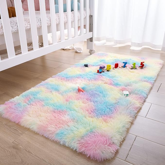 Noahas Fluffy Rainbow Rugs for Bedroom Girls,2x4 Shag Pink Kids Room Rug,Shaggy Area Rugs for Living Room,Soft Fuzzy Colorful Playroom Nursery Dorm Carpets Room Decor