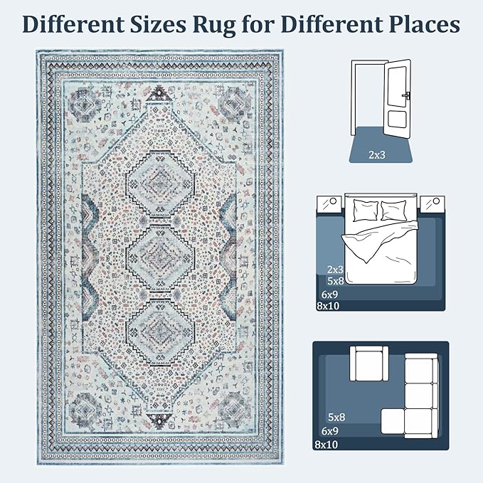 Maxsoft 8x10 Area Rug,Vintage Machine Washable Rugs for Living Room, Soft Non-Slip Low Pile Rug, Stain Resistant Rugs for Kitchen, Bedroom, Dining Room,Laundry Room,Nursery (Beige Blue)