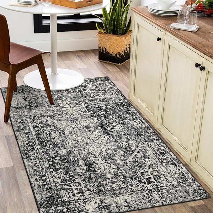 Morebes Boho Black 4x6 Rug for Living Room, Machine Washable Area Rug for Bedroom Non Slip, Medallion Vintage Stain-Resistant Soft Low Pile Indoor Carpet for Office Kitchen Entryway
