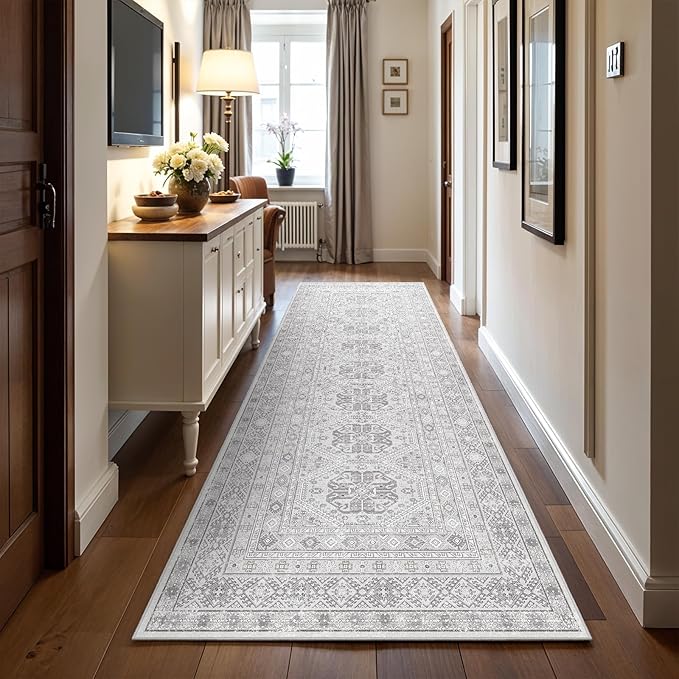 3x10 Runner Rug Kitchen Washable: Oriental Indoor Hallway Runners with Non Slip Backing Floor Mat for Entryway Door Low Pile Thin Carpet for Bedroom Bathroom Living Room Bedside Grey
