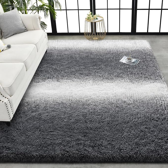 TWINNIS Super Soft Shaggy Rugs Fluffy Carpets, 8x10 Feet, Indoor Modern Plush Area Rugs for Living Room Bedroom Kids Room Nursery Home Decor, Upgrade Anti-Skid Rectangular Fuzzy Rug, Grey White