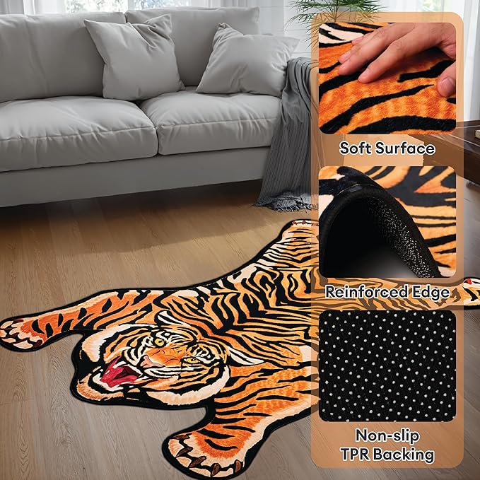 Tiger Printed Skin Area Rugs, Non- Slip Rug for Bathroom, Tiger Door Mat, Machine Washable Carpet for Bed Room D04