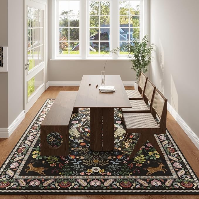 9x12 Area Rugs for Living Room Washable Rug Floral Non-Slip Large Rug for Living Room, Bedroom, Farmhouse, Dining Room, Kids Playroom (Vibrant Black)