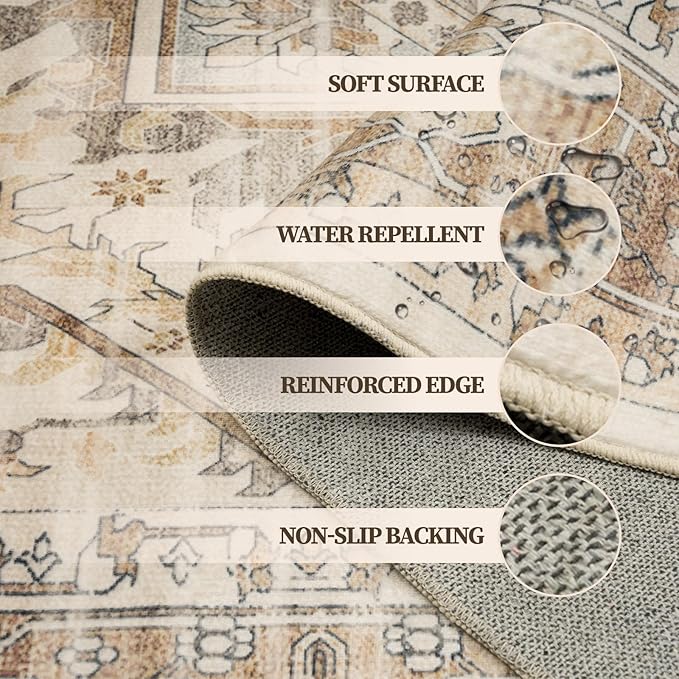 2x3 Area Rug Boho Machine Washable Living Room Rug Non Slip Low Pile Vintage Print Distressed Soft Carpet for Bedroom Diningroom Neutral Brown/Beige/Pink/Green