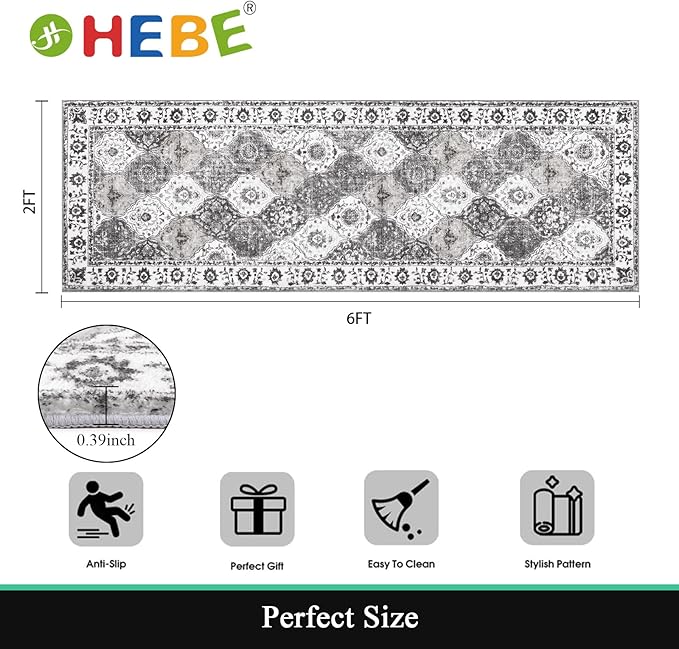 HEBE Hallway Runner Rug 2'x6' Washable Vintage Distressed Area Rugs Non Slip Laundry Rug Runner Boho Floor Carpet Runners for Hallways Entryway Laundry Room Kitchen Bathroom