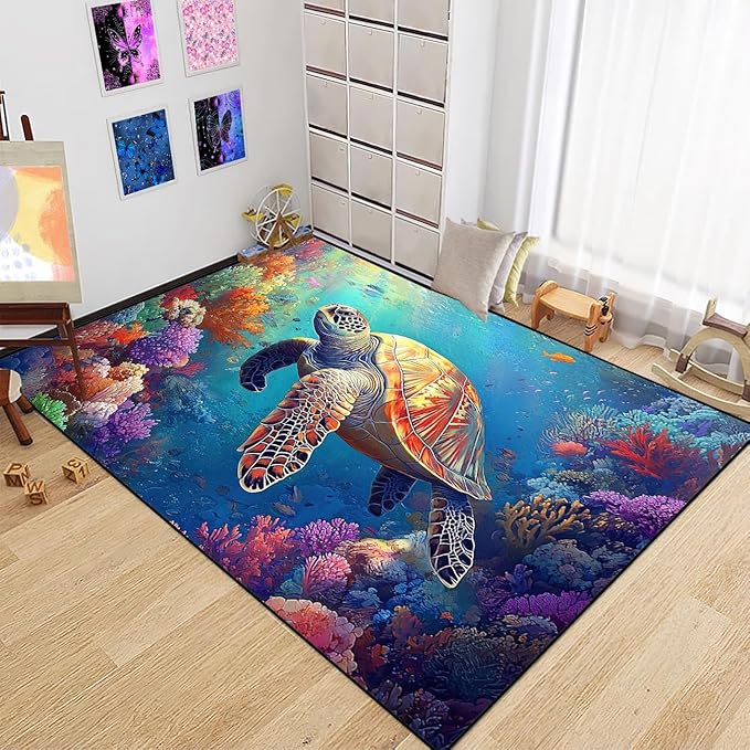 Sea Turtle Coastal Rug - Kids Sea Turtle Rugs for Bedroom Ocean Life Theme, 80" L x 58" W