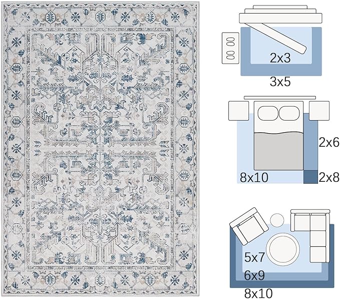 jinchan Hallway Runner Rug 2x10 - Kitchen Washable Rug Floral Runner Non Slip with Rubber Backing Ultra-Thin Vintage Carpet for Bedroom Laundry Room Living Room (2x10ft,Blue)