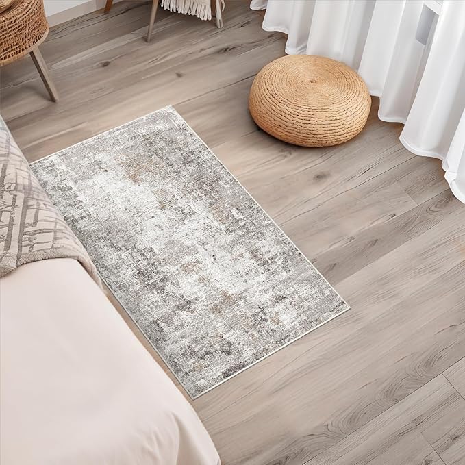 2x3 Washable Non-Slip Area Rug - Soft Low Pile Throw Rug for Kitchen Entryway Bedroom - Modern Indoor Door Mat with Rubber Backing,Beige/Grey
