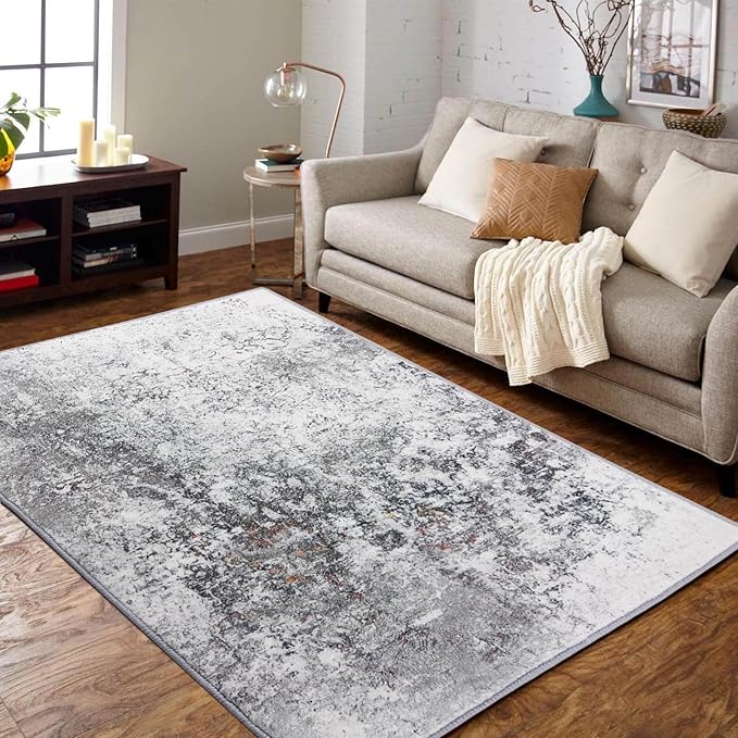 Washable Area Rug Living Room Rugs 5x7 Grey Kitchen Accent Rug Large Soft Abstract Rug Non-Slip Non-Shedding Low-Pile Indoor Floor Carpet for Bedroom Office Dining Room