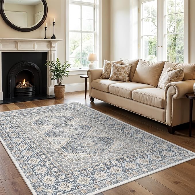 6x9 Area Rugs for Living Room:Washable Oriental Rug for Bedroom Dining Room Carpet 6 by 9 Indoor Non Slip Rubber Backing Neutral Nursery Dorm Home Office Kids 6X9 Blue
