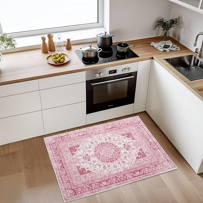 2x3 Bright Pink Area Rug for Entryway, Small Washable Rugs with Non-Slip Backing for Girls Bedroom, Cute Vintage Throw Carpet Kitchen Laundry Front Door Decor