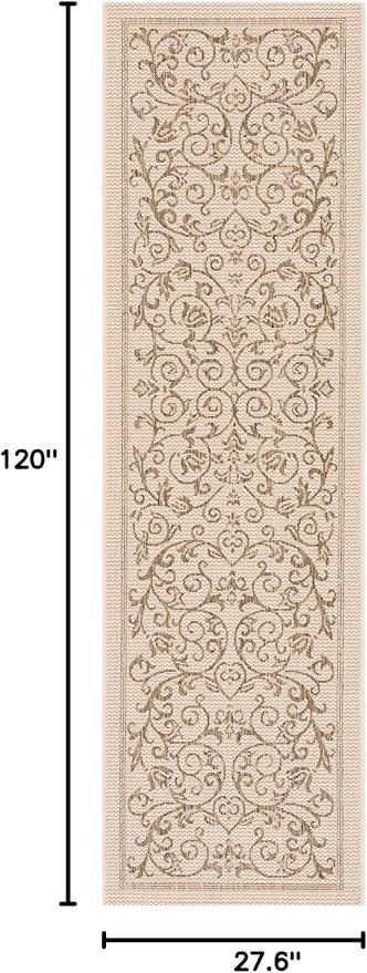 SAFAVIEH Courtyard Collection Runner Rug - 2'3" x 10', Natural & Brown, Scroll Design, Non-Shedding & Easy Care, Indoor/Outdoor & Washable-Ideal for Patio, Backyard, Mudroom (CY2098-3001)