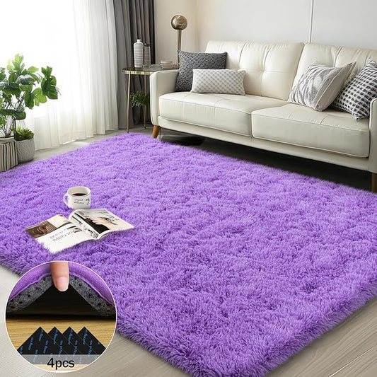 3x5 Rugs for Bedroom, Fluffy Area Rugs for Living Room, Soft Shag Kids Rug Small Carpet with 4 Non-Slip Rug Pads (Purple, 3ft x 5ft)