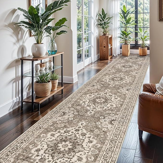 Washable Oriental Hallway Runner Rug - 3x16 Rugs for Living Room Soft Carpet for Bedroom Kitchen Waterproof Floral Distressed Indoor Stain Resistant Non-Shedding Floor Carpets (Beige, 3X16)