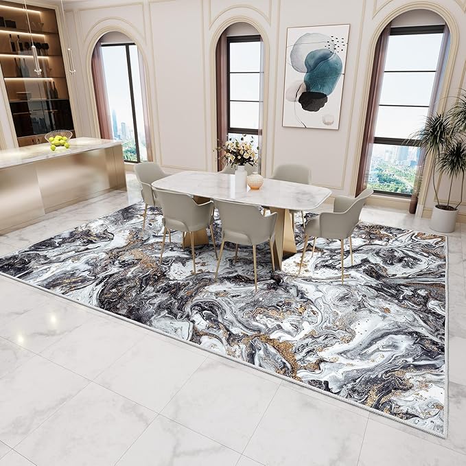 Washable Area Rug 9x12 - Artistic Style Modern Rug for Living Room Bedroom Dining Room, Soft Low Pile Machine Washable Carpet, Non Slip Non Shedding Area Rug - Black/Gold, 9'x12'