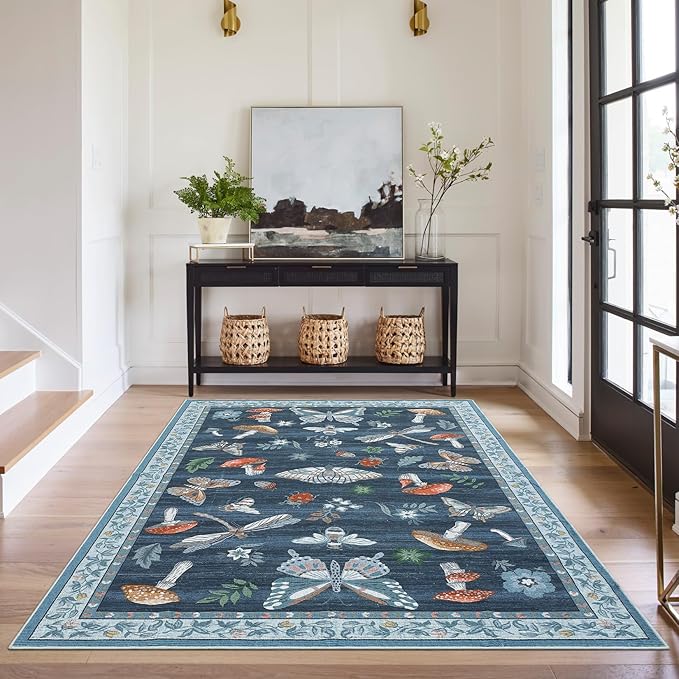 Washable Rug 5x7 Area Rugs for Living Room, Mushroom Insect Rug for Bedroom, 5x7 Rug Non Slip Throw Rugs with Rubber Back, Low Pile Stain Resistant Modern Carpet for Dining Room Dorm,Blue