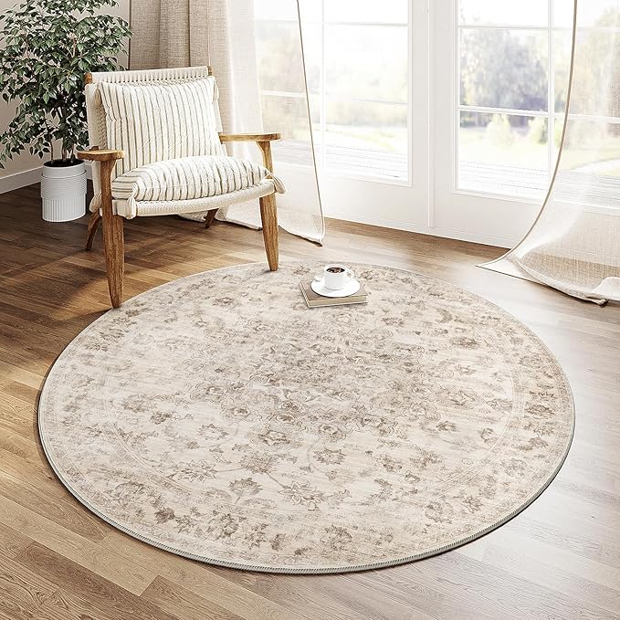 3x3 Washable Neutral Round Rug Beige Entryway Kitchen Non-Slip Low Pile Floral Area Rug Vintage Soft Thin Carpet for Entrance Bathroom Indoor Door Mat Dorm Dining Room