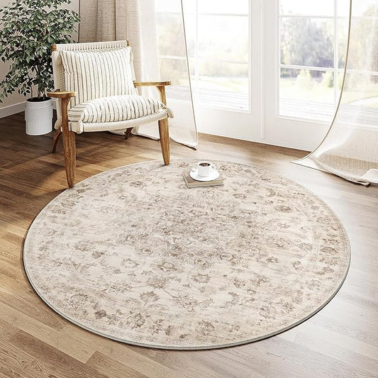 3x3 Washable Neutral Round Rug Beige Entryway Kitchen Non-Slip Low Pile Floral Area Rug Vintage Soft Thin Carpet for Entrance Bathroom Indoor Door Mat Dorm Dining Room