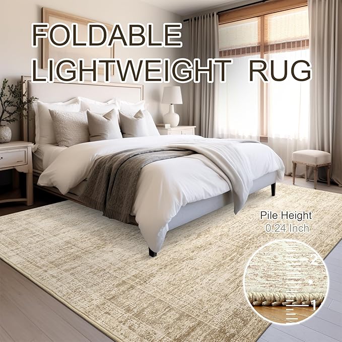Washable Area Rug 8x10, Large Soft Rugs for Living Room Vintage Beige Carpet 8x10 Area Rugs for Bedroom Dining Room Non-Slip Stain Resistant Under Table Rug
