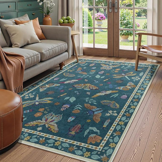 Beeiva Insect Print Washable Rugs 5x7, Soft Butterfly Playroom Rug Non Slip, Low Pile Thin Area Rugs for Living Room Foldable Large Carpet for Dining Room, Kids Room, Bedroom - Dark Green