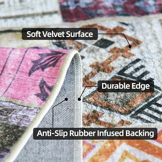 Washable Patchwork Runner Rug with Faux Wool Fabric and Non-Slip Backing for Living Room, Bedroom, Hallway, Printed Boho Floor Decoration Stain-Resistant Foldable Mat (Multi, 2'6" x 10')