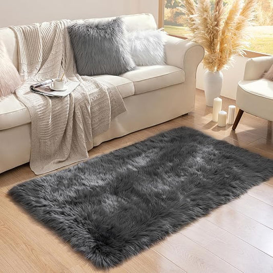 Ashler Faux Fur Area Rug - Ultra Soft Fluffy Shaggy Sheepskin 3 x 5 Feet, Dark Grey, Machine Washable - Nursery Decor Throw for Bedroom, Living Room, Kids Room