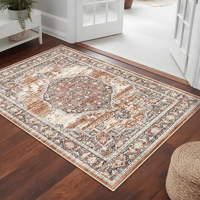 YOUFORTONG Area Rug 3x5 for Living Room: Soft Ultra Thin Low Pile Mat Machine Washable Indoor Doormat Lightweight Entry Rug Anti Slip Backing Rugs for Bedroom Kitchen 3'x5' Brick