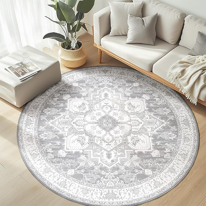 BESTSWEETIE 6ft Area Rugs for Living Room Washable Non Slip Carpet Low Pile Soft Vintage Print Pattern Rug for Bedroom Dining Room Kitchen Entryway Indoor-Light Grey