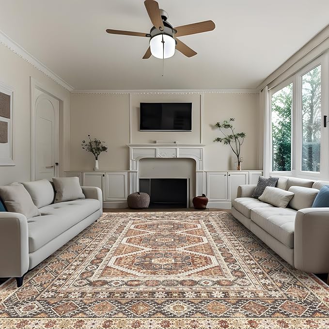 Washable Living Room Area Rug: 9x12 Large Super Soft Vintage Rugs Bedroom Oriental Indoor Rug Water Resistant Ultra Thin Carpet Non-Slip Backing Distressed Rugs for Kitchen 9x12 Brick