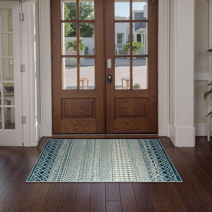 Moroccan Small Rug for Bedroom 2x4, Soft Non-Slip Indoor Door Mats for Entryway, Low-Pile Non-Shedding Blue Rug Vintage Rugs for Kitchen Bathroom Laundry Room