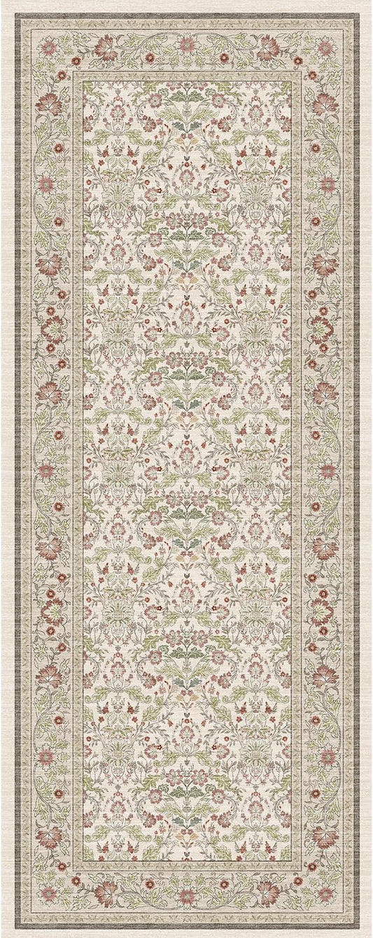2x5 Rug Runner Washable: Non-Slip Oriental Floral Carpet for Bathroom Kitchen Hallway - Farmhouse Low Pile Stain Resistant Long Thin Front Door Mat 2x5 Off - White/Green/Multi