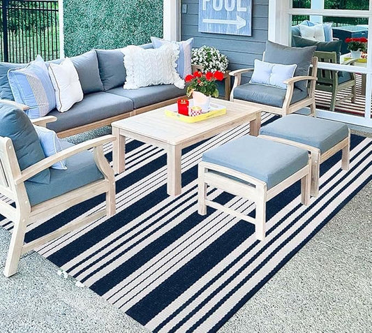 BUAGETUP Blue and White Striped Outdoor Patio Rug 4' x 6',Hand Woven Cotton Patio Rug Front Porch Rug Indoor Outdoor Area Rug for Bedroom/Living/Room/Patio