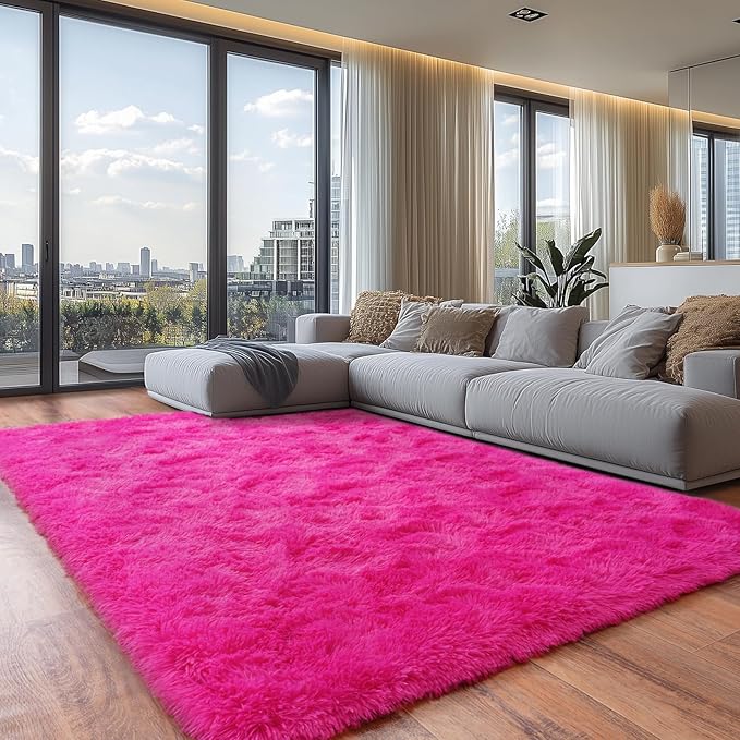 Shaggy 8x10 Area Rugs, Hot Pink Fuzzy Rugs for Kids Bedroom, Soft Play Nursery Area Rug for Girls, Shag Area Rugs Non Slip, Fluffy Faux Fur Rug Carpet